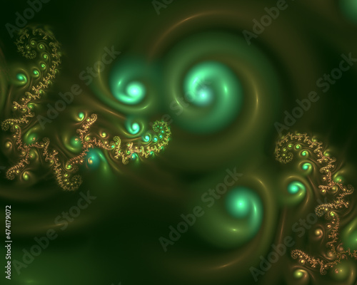 Abstract fractal art background of infinitely repeating spirals in green and bronze. photo