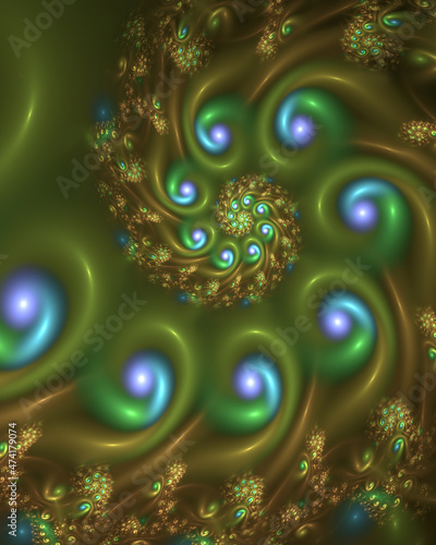 Abstract fractal art background of infinitely repeating spirals in green, brown, blue and purple.