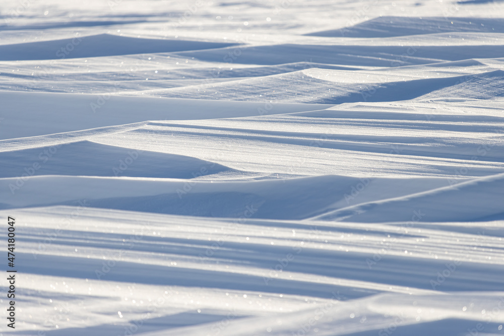 Snow texture. Wind sculpted patterns on snow surface. Wind in the tundra and in the mountains on the surface of the snow sculpts patterns and ridges (sastrugi). Arctic, Polar region. Winter background Snow texture. Wind sculpted patterns on snow surface. Wind in the tundra and in the mountains on the surface of the snow sculpts patterns and ridges (sastrugi). Arctic, Polar region. Winter background