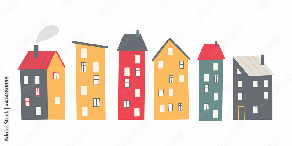set with cute city houses in a flat style.