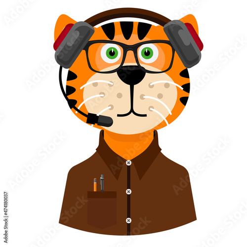 Tiger is a support service specialist. Funny vector illustration in cartoon style.