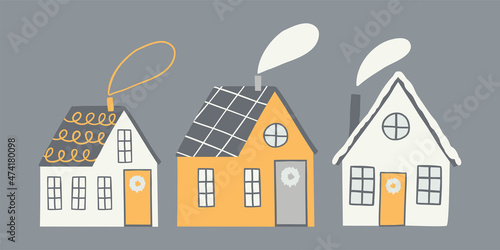 set with cute village houses in a flat style.