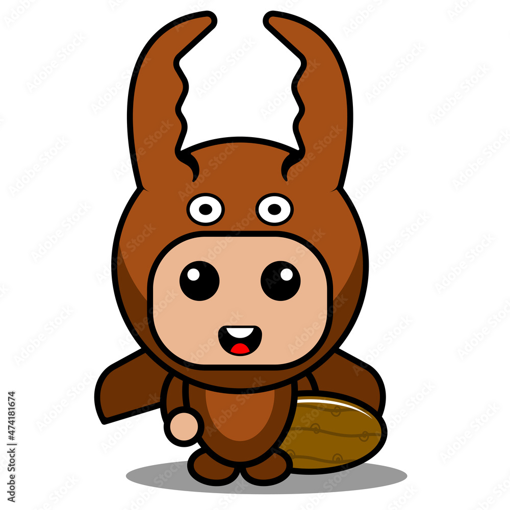 Fototapeta premium vector cartoon character cute mascot costume fighting beetle animal holding surfboard