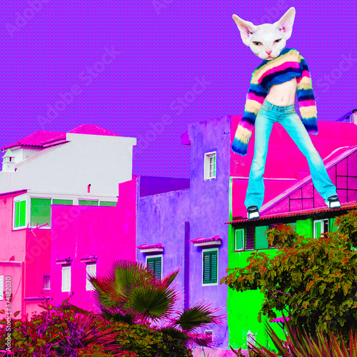 Disco Star Kitty in colorful city space. Contemporary art collage. Party, music, nightlife clubbing concept photo