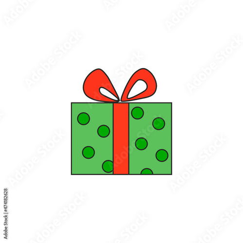 illustration. Festive gifts. Green box with polka dots with a red ribbon.Multicolored boxes with bows.