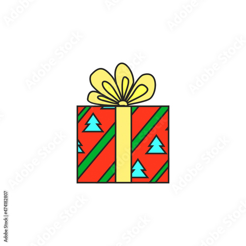 illustration. Festive gifts. Red box in Christmas trees and green stripes with a yellow ribbon. Multicolored boxes with bows.