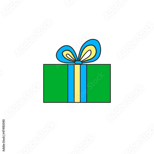 illustration. Festive gifts. Green box with blue ribbon. Multicolored boxes with bows.