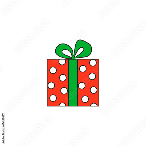 illustration. Red box with white polka dots with a green ribbon. Festive gifts. Multicolored boxes with bows.