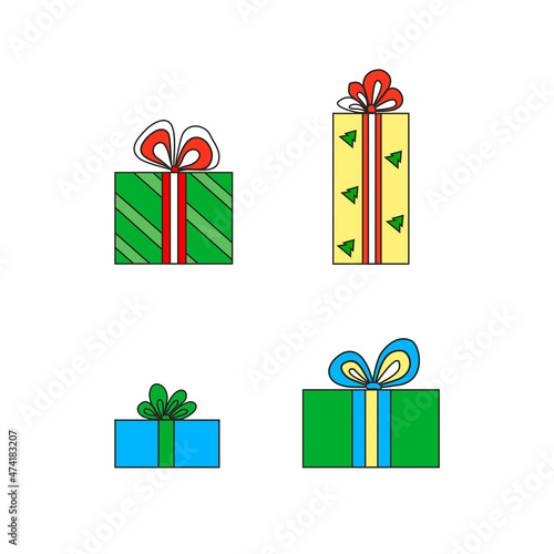 illustration. Festive gifts. Set of holiday boxes. Blue, yellow, green colors. Gift boxes. Presents. Multicolored boxes with bows.