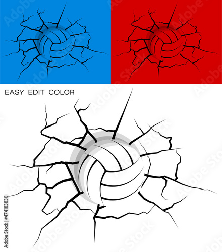 ball for volleyball hit wall powerfully and damaged, cracks on wall. Sports design element. Active lifestyle. Vector on white or color background with cracks