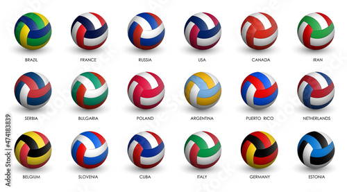 Realistic volleyball balls in colors of national flags of countries participating in competition. Volleyball tournaments, rating. Vector isolated on white back