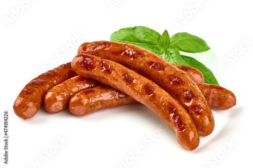 Grilled pork sausages, bbq sausages, isolated on white background.