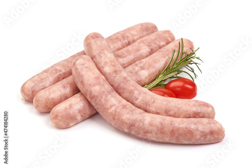 Raw pork Sausages, isolated on white background.