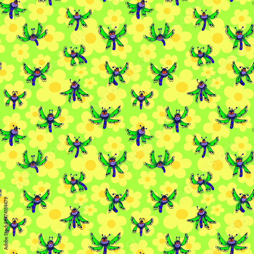Vector seamless pattern. Ornament with insects and flowers. Design print for textile, fabric, wallpaper, background.