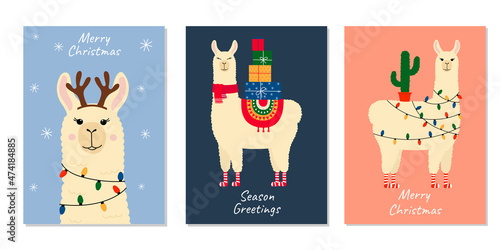 Set of Christmas greeting cards with cute llama. Template for nursery, poster, Christmas, birthday greeting card, invitation.