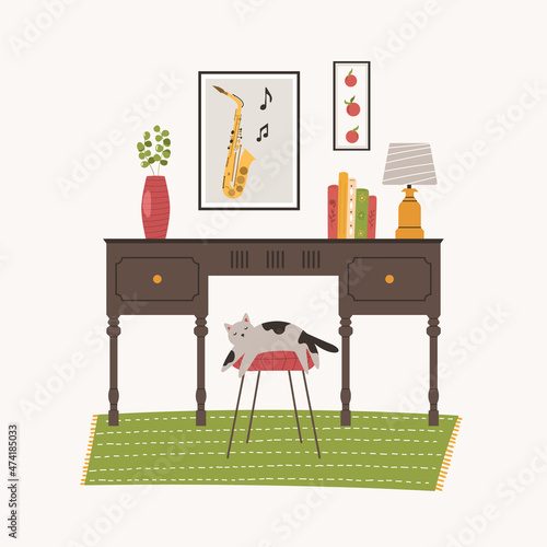 Modern room with table, chair and cat. Vector hand drawn illustration. Home interior design with books, posters.