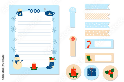 Winter planner stickers set and To Do list. Hand drawn cute seasonal elements. Template for notebook and stationery.