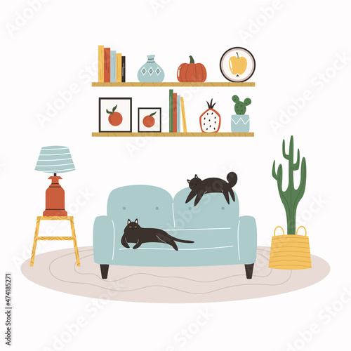Vector illustration of a cosy living room with sofa, succulent, shelves. lamp and two cats