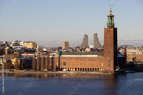 Panorama of Stockholm city on a sunny winter day photographed from the hill. Capital of Sweden