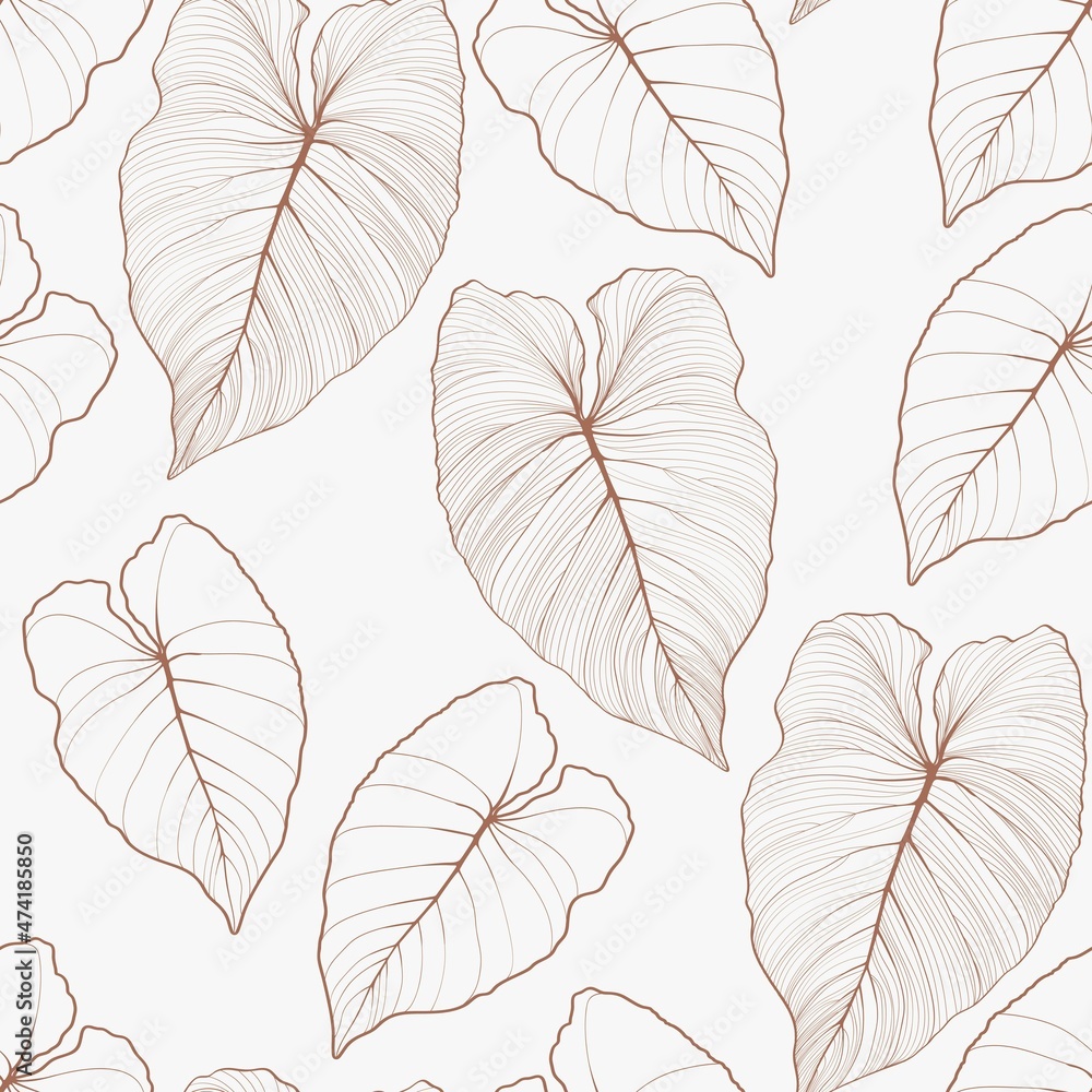 Floral seamless pattern, beige split-leaf Philodendron plant on white background, line art ink drawing.