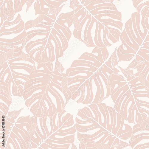 Floral seamless pattern, beige split-leaf Philodendron monstera plant on white background, line art ink drawing.