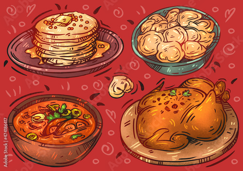 Hand drawn vector illustration food. Russian cuisine: soup, dumplings, solyanka, red сaviar, meat, chicken, pancakes. Restaurant food collection, take away menu design. Doodle set