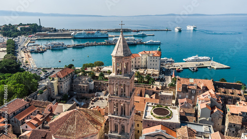 Drone view of the ruins of Diocletian's palace in the city of Split. Palace complex from above. Drone shot of Split Cathedral. Drone shot Croatian city of Split in the resort region of Dalmatia.