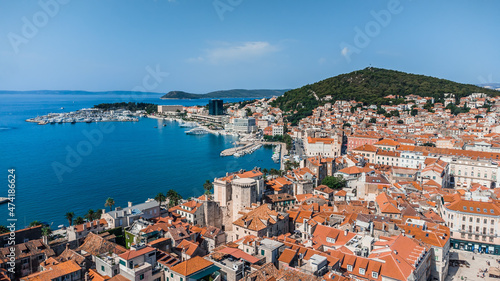 Drone shot Croatian city of Split in the resort region of Dalmatia. Hill with paths and city views Main attraction. View from a drone on a pier in the city of Split Croatia.