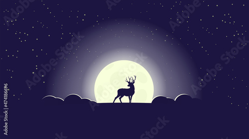 Abstract vector painting deer look at the dark starry sky in the moonlight