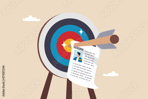 Recruitment target, choosing best candidate to fill in job vacancy, HR Human Resources find perfect talent for interview concept, archer bow hit on bullseye target with chosen candidate resume paper.