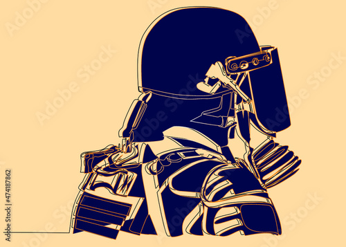 Policeman in uniform, helmet, gas mask drawing creative art design. Artistic drawing of police going to intervene in rioting people.