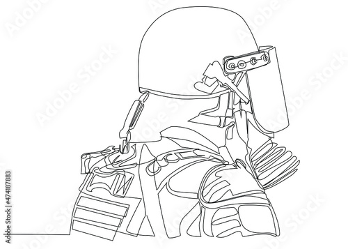 Policeman in uniform, helmet, gas mask drawing creative art design. Artistic drawing of police going to intervene in rioting people.