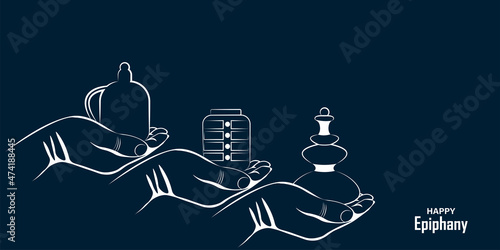 Vector illustration of Epiphany, a Christian festival. Abstract hands of 3 kings with gifts. The Feast of the Epiphany. L'Epifania. Dark Background.