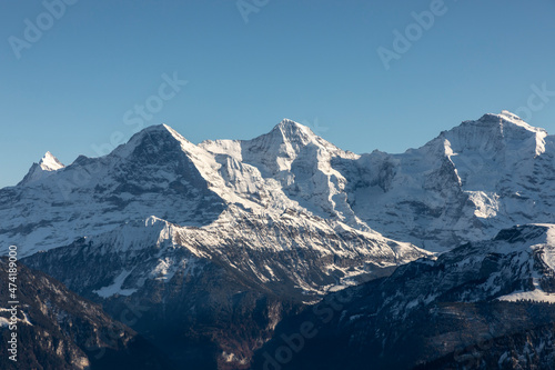 view from mountain Niederhorn to mountain peaks Eiger  Moench and Jungfrau in the bernese alps  Switzerland
