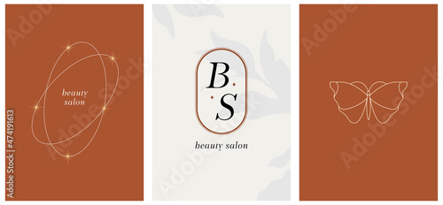 Linear minimal style logo set template with butterfly siuet, infographic and letters B and S. Skin care, beauty salon, organic cosmetics, prints and cards.