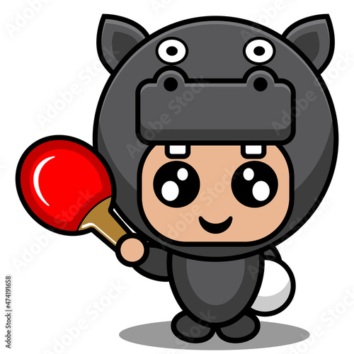 cute hippopotamus amphibian mascot costume character cartoon character playing pingpong 