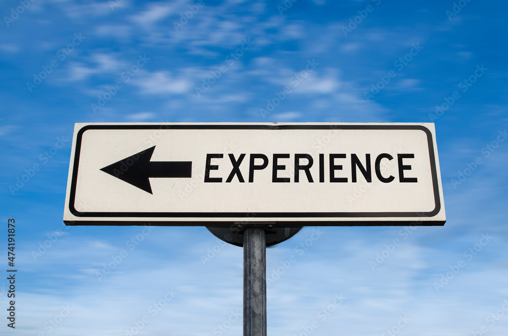 Experience road sign, arrow on blue sky background. One way blank road sign with copy space. Arrow on a pole pointing in one direction. Experience road sign, arrow on blue sky background. One way blank road sign with copy space. Arrow on a pole pointing in one direction.