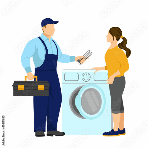 Repairman in uniform shows the girl a broken part of the washing machine. Worker holds a toolbox in his hand. Repair of household appliances. Vector Illustration in flat style on white background.
