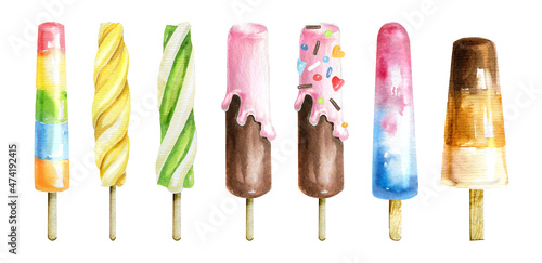 Hand drawn watercolor ice cream. Colored frozen juice. Ice cream balls in a waffle cone. Popsicle, sorbet with fruit 