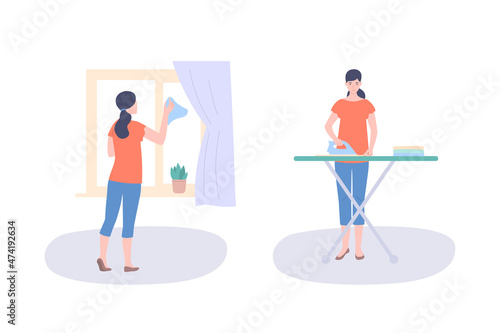 Happy woman washes window and irons clothes, housework, housekeeper services.