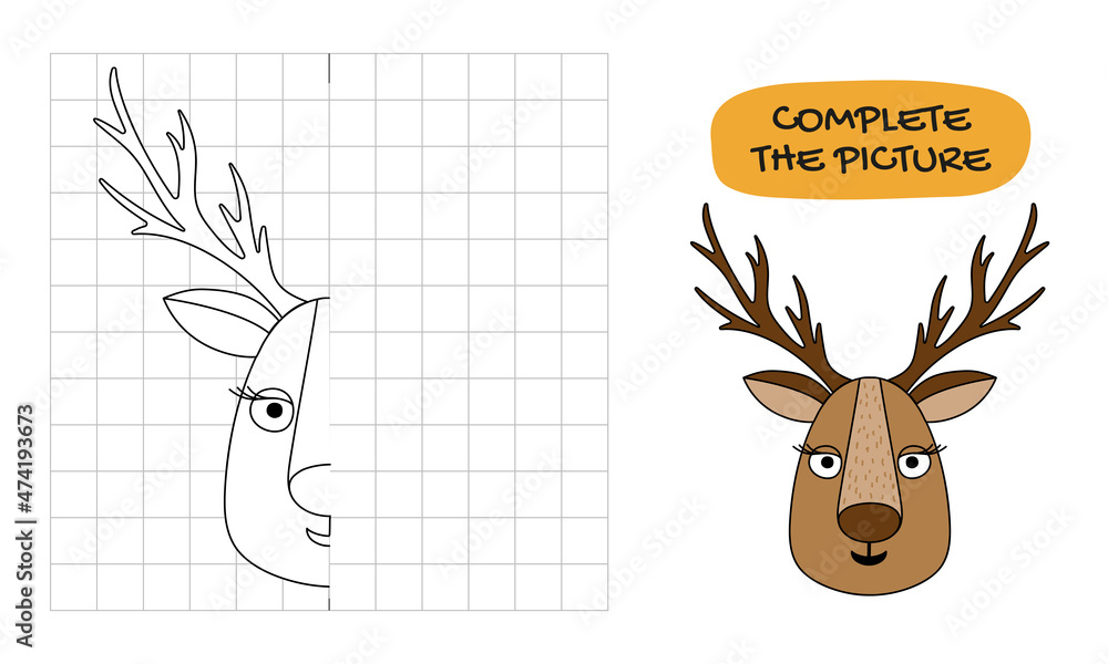 Cute Christmas deer. Copy the symmetrical pattern across the cells. Drawing task for children on the grid, educational vector illustration. Coloring book page with color sample. Cute Christmas deer. Copy the symmetrical pattern across the cells. Drawing task for children on the grid, educational vector illustration. Coloring book page with color sample.