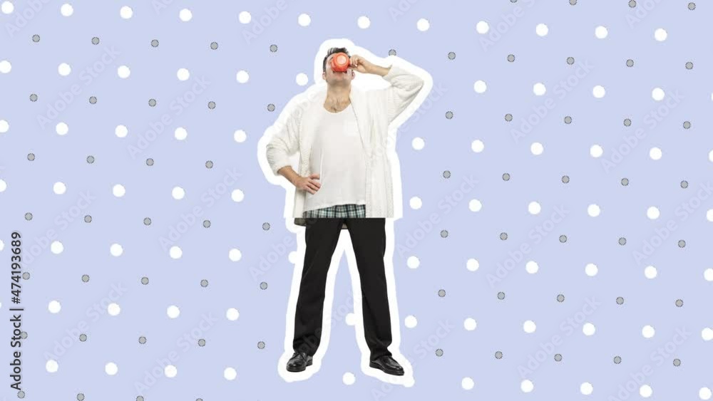 custom made wallpaper toronto digitalCup of coffee and you are ready for work. Men wearing pajamas, businessman wearing a suit. Magical funny transformation. Looped animation. 4k. Stop motion design, 2D animation. Home business concept