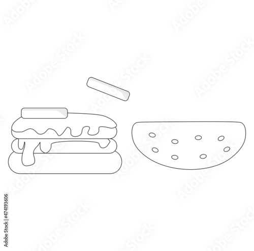 Black and white vector illustration of freshly made hamburger for coloring book and doodle