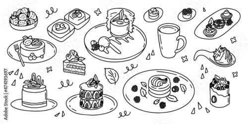 Wallpaper Mural  Line art sliced cake and cupcakes hand drawn outline illustration collection set.  Ink flat, design doodle sketches Torontodigital.ca
