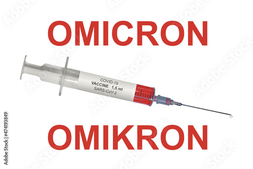 Covid-19 vaccination syringe with text Omicron