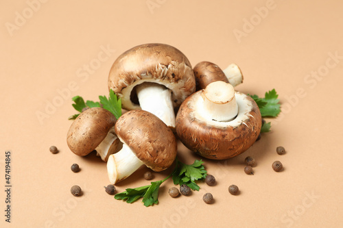 Concept of tasty food with champignon on beige