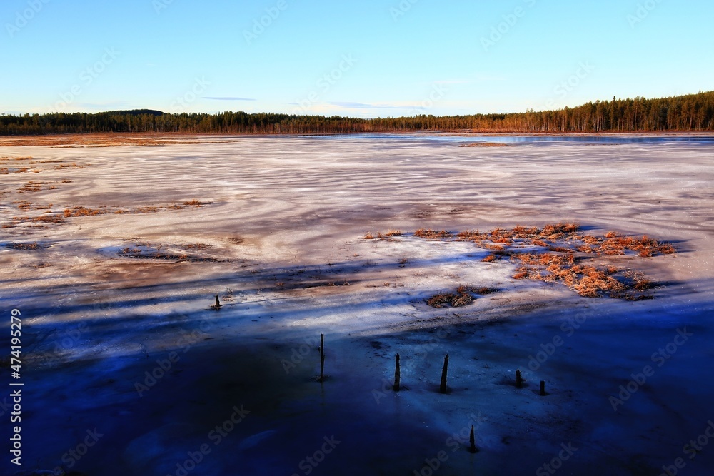 View over frozen Lake Fabodtrasket in northern Sweden