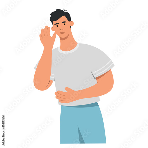 Young man listening holding his hand near his ear.  Listening good news, secrets, gossip, hearing to rumor or new information. Flat vector illustration on white background.