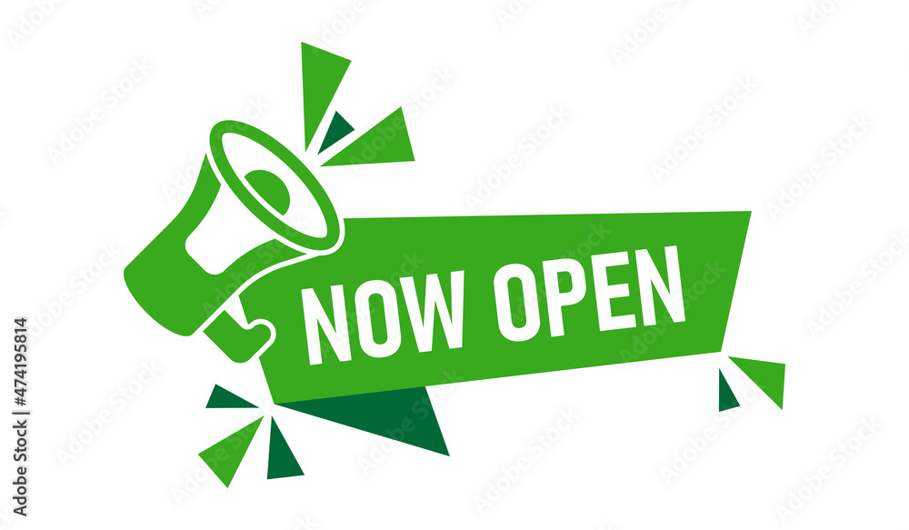Now open notice icon in flat style. Schedule label with megaphone vector illustration on white isolated background. Come bullhorn sign business concept. Now open notice icon in flat style. Schedule label with megaphone vector illustration on white isolated background. Come bullhorn sign business concept.