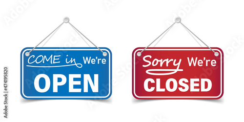 Open and closed banner icon in flat style. Schedule on door vector illustration on white isolated background. Come sign business concept.
